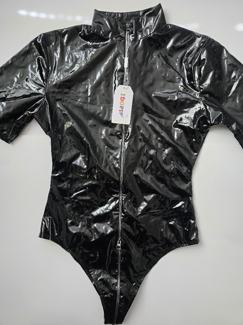 Glossy Black Wet Look Full Lenght Front Zip Bodysuit with High Collar